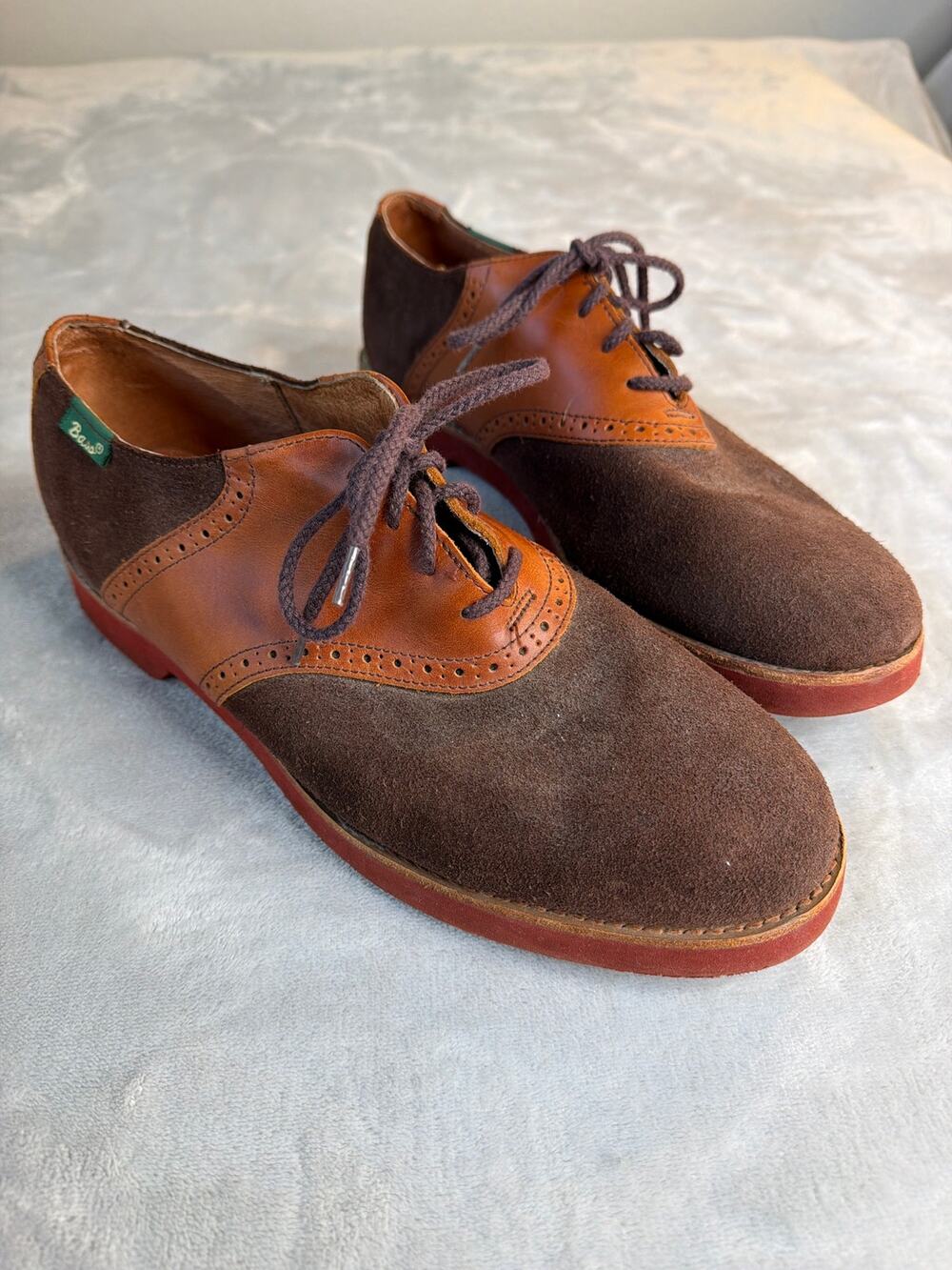 Vintage G.H. Bass Suede Saddle Shoes Leather Oxford Brogue Red Sole Men's 10.5